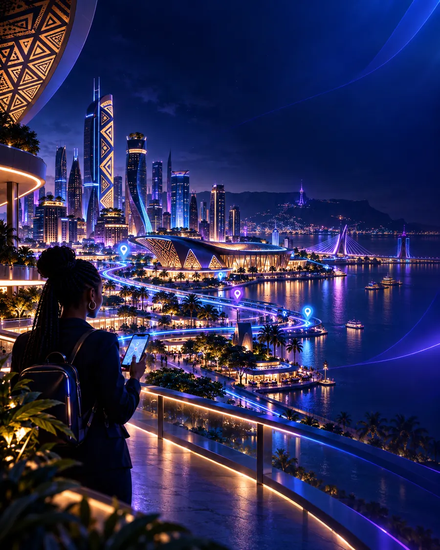 Connected destination illuminated in a futuristic city
